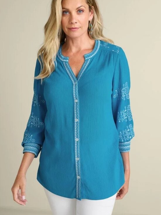 Soft Surroundings Tops - Soft Surroundings Imane Gauze Tunic Embroidered Crinkled Blue size 1X Resortwear